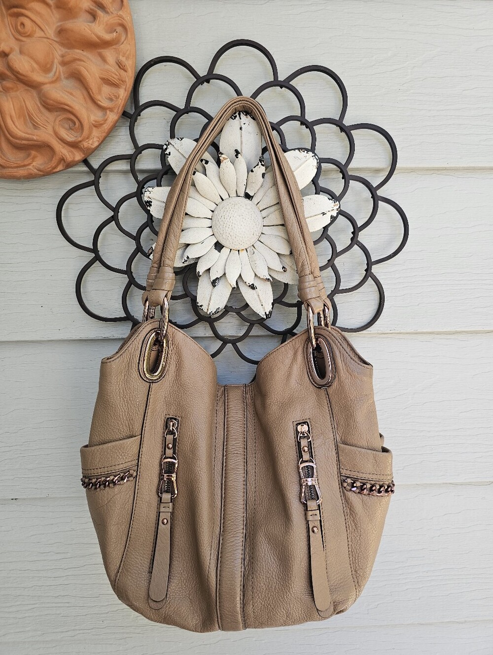 b. makowsky Taupe Leather Shoulder Bag with Chain Trim